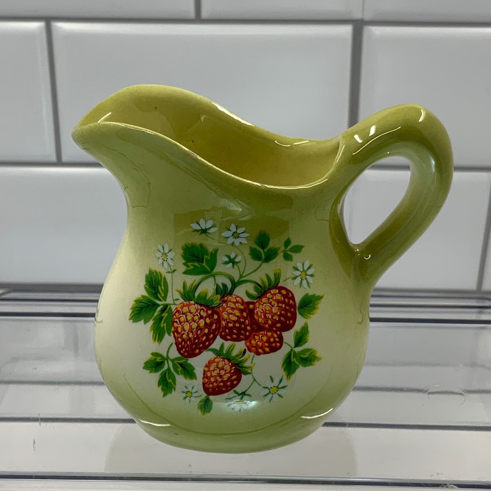Vintage Ceramic‎ Strawberry Blossom Creamer Pitcher Green 3.25in